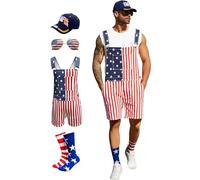 Yuanbang American Flag Overalls Men,Eagle USA Hat,4th of July Socks,Patriotic Sunglasses,4 Pcs for Memorial Labor Day, Red White and Blue, Small
