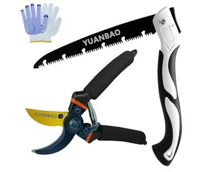 YUANBAO Garden Pruning Kit, 8.5 Inch Bypass Pruning Shears + 10 Inch Folding Pruning Hand Saw + Adhesive Cotton Gloves, Precision Garden Secateurs, Plant Clippers, Gardening Scissors