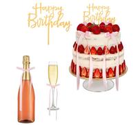 Yuanchu 12 Pcs Bow Cake Toppers, 3.6x7.1in Ribbion Cake Topper with 1Pcs Happy Birthday Sign Retro Vintage Black Coquette Themed Party Decorations Gothic Punk Fantasy Candy Bags Gifts Bow Decor (Pink)