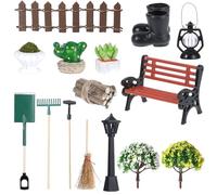 Yuanchu 16 Pcs Miniature Dollhouse Set Garden Tools, Miniature Dollhouse Garden Mini Bench Garden Shovel Rain Boots Straw Hat Broom for DIY Miniature Fairy Garden Dolls House Accessories