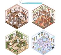 Yuanchu 3D Sticker Scene, 4 Sets DIY 3D House Sticker Set Creative Scene Fun Stacking Isometric Stickers Scenes Miniature Therapy for Relaxing Passing The Time