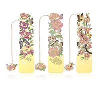 Yuanchu 3pcs Metal Bookmarks for Reading - Flower Bookmark With Chain, Golden Hollow Peach Blossom Hibiscus Peon Design - Pretty Book Lover Gifts for Women
