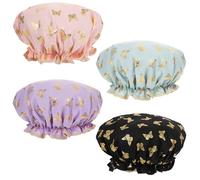 Yuanchu 4 Pcs Shower Cap, Waterproof Elastic Band Bath Cap With Ruffled Edge Double Layer Reusable Shower Caps for Women Girls Bathing, Cooking, SPA, Makeup