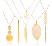 Yuanchu 5 Pcs Long Necklaces for Women, Gold Necklace Set with Pendant Circle Leaf Triangle Tassel Y Necklace Chain Jewelry