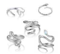 Yuanchu 5 Pcs Silver Snake Rings - Adjustable Vintage Serpent Reptile Rings for Women & Men - Halloween Punk Gothic Jewelry