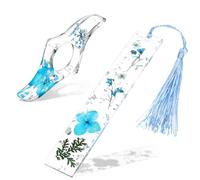 Yuanchu Book Page Holder, 2pcs Dried Flower Resin Transparent Thumb Book Page Holder and Bookmark with Tassel Handmade for Reading Lovers Bookworm Readers Teachers Birthday Gift(Blue Hydrangea)