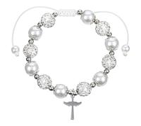 Yuanchu White Pearl Bracelet, First Holy Communion Baptism Gifts with Message Card Adjustable Cross Beaded for Women Girl First Communion Gift