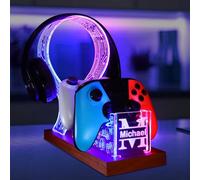 YuanDian Gamer Gifts for Teenage Boy, Desk Gaming Headset and Controller Stand with Blue Pink LED Night Light, Acrylic Wooden Controller Holder with PCB Pattern, Desk Decor Gift (Customized)