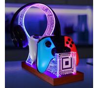 YuanDian Gamer Gifts for Teenage Boy, Desk Gaming Headset and Controller Stand with Blue Pink LED Night Light, Acrylic Wooden Controller Holder with PCB Pattern, Desk Decor Gift