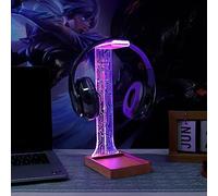 YuanDian Headphone Stand, Wood Headset Holder with Tray, Blue Pink LED Night Light for Gamers, Men, and Music Lovers - Perfect Desk Gift Idea