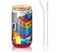 yuangjhop Colorful Building Blocks 16 oz Bamboo Lid and Straw Cup. BPA Free. Reusable drinking cup with bamboo lid and glass straw for hot or cold drinks.