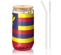yuangjhop Flag of the Kingdom of Hawaii 16 oz Bamboo Lid and Straw Cup. BPA Free. Reusable drinking cup with bamboo lid and glass straw for hot or cold drinks.