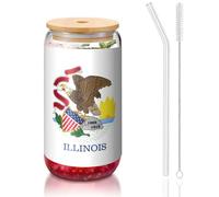 yuangjhop Illinois State Flag 16 oz Bamboo Lid and Straw Cup. BPA Free. Reusable drinking cup with bamboo lid and glass straw for hot or cold drinks.