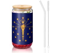 yuangjhop Indiana State Flag 16 oz Bamboo Lid and Straw Cup. BPA Free. Reusable drinking cup with bamboo lid and glass straw for hot or cold drinks.