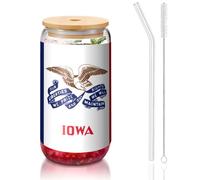yuangjhop Iowa state flag 16 oz Bamboo Lid and Straw Cup. BPA Free. Reusable drinking cup with bamboo lid and glass straw for hot or cold drinks.