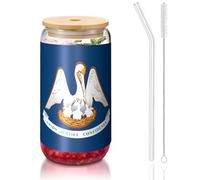 yuangjhop Louisiana State Flag 16 oz Bamboo Lid and Straw Cup. BPA Free. Reusable drinking cup with bamboo lid and glass straw for hot or cold drinks.