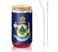 yuangjhop Maine State Flag 16 oz Bamboo Lid and Straw Cup. BPA Free. Reusable drinking cup with bamboo lid and glass straw for hot or cold drinks.