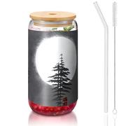 yuangjhop Moon Pine Tree 16 oz Bamboo Lid and Straw Cup. BPA Free. Reusable drinking cup with bamboo lid and glass straw for hot or cold drinks.