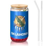 yuangjhop Oklahoma State Flag 16 oz Bamboo Lid and Straw Cup. BPA Free. Reusable drinking cup with bamboo lid and glass straw for hot or cold drinks.
