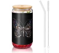 yuangjhop Science Butterfly 16 oz Bamboo Lid and Straw Cup. BPA Free. Reusable drinking cup with bamboo lid and glass straw for hot or cold drinks.