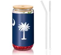 yuangjhop South Carolina Flag 16 oz Bamboo Lid and Straw Cup. BPA Free. Reusable drinking cup with bamboo lid and glass straw for hot or cold drinks.