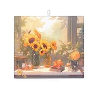 YUANGJHOP Sunflowers under the windowsill Drying Mat for Kitchen,Heat-resistant drain mat with non-slip, hidden kitchen super absorbent drain mat, easy to clean dish rack mat.