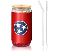 yuangjhop Tennessee State Flag 16 oz Bamboo Lid and Straw Cup. BPA Free. Reusable drinking cup with bamboo lid and glass straw for hot or cold drinks.