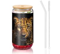 yuangjhop The deep-eyed leopard 16 oz Bamboo Lid and Straw Cup. BPA Free. Reusable drinking cup with bamboo lid and glass straw for hot or cold drinks.