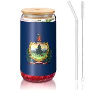 yuangjhop Vermont State Flag 16 oz Bamboo Lid and Straw Cup. BPA Free. Reusable drinking cup with bamboo lid and glass straw for hot or cold drinks.