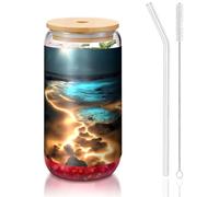 yuangjhop View under the moon 16 oz Bamboo Lid and Straw Cup. BPA Free. Reusable drinking cup with bamboo lid and glass straw for hot or cold drinks.