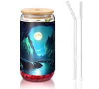 yuangjhop Water Moon Cave 16 oz Bamboo Lid and Straw Cup. BPA Free. Reusable drinking cup with bamboo lid and glass straw for hot or cold drinks.