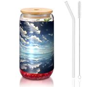 yuangjhop White clouds over the sea 16 oz Bamboo Lid and Straw Cup. BPA Free. Reusable drinking cup with bamboo lid and glass straw for hot or cold drinks.