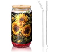 yuangjhop with the yellow sunflower 16 oz Bamboo Lid and Straw Cup. BPA Free. Reusable drinking cup with bamboo lid and glass straw for hot or cold drinks.