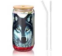 yuangjhop wolf under moon 16 oz Bamboo Lid and Straw Cup. BPA Free. Reusable drinking cup with bamboo lid and glass straw for hot or cold drinks.