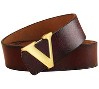 Yuangu Men's Classic Gold/Silver V-Buckle Design Soft Calfskin Belt, Coffee Gold, 47.3 inches (40-44)