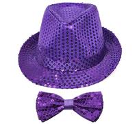 YUANHUYUOU Sequin bow tie and hat set,sequin bow tie suit,Cosplay Mardi Gras Concerts (Purple)