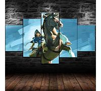 YUANJUN 5 Parts Modern Stretched And Framed Wallpaper Modular Hd Prints Poster 150X80Cm Mural Home Decor Canvas Prints Artwork The Legend Of Zelda Breath Of The Wild 5 Piece Canvas Set