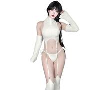 YUANMO Anime Virgin Killer Cosplay Sweater High-Neck Knit Backless Sexy Cropped Top with Garter Belt White