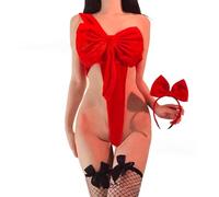 YUANMO Christmas Uniform Women's Sexy Large Bow Jumpsuit Bunny Cosplay Costume Red One Size Fits All