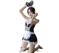 YUANMO French Maid Roleplay Costume Halloween Costume Set Sheer Lace Mesh Skirt