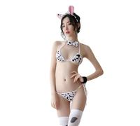 YUANMO Women's Cow Anime Cosplay Underwear Cute Kawaii Mini Bra Panties Set White Knee-High Socks