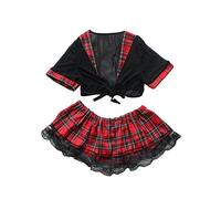 YUANMO Womens Lace Lingerie Plus Size Cosplay Mini Plaid Skirts Outfit Babydoll Lingerie Set Red