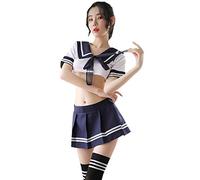 YUANMO Women's Naughty School Girl Fancy Dress Outfit Japanese Anime Lolita Sailor Costume Cosplay Lingerie Set with Stocking, Blue, XL (UK 8-10)