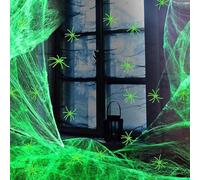 Yuanpgky Halloween Glow in the Dark Spider Web Decor with 50 Realistic Fake Spiders - Stretchy Cobwebs Cover 300 sq ft for Haunted House
