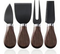 YUANQIAN 4-Piece Stainless Steel Cheese Knives Set with Walnut Handle & Black Accents, Cheese Slicer, Spreader, Fork & Hard Cheese Knife, Essential Charcuterie Board Accessories for Entertaining