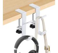 YUANQIAN Clamp-On Under Desk Headphone Holder Backpack Hook Students' Desk Hook with Adjustable Arm Clamp Women's Bag Handbag and Purse Holder -Suitable for Plate Between 1-5cm (2Pack White, 2)