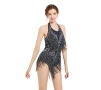 YUANTONG Black Rhinestone Bodysuits Fringe Dance Costume Glitter Drag Queen Carnival Outfits