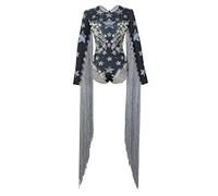 YUANTONG Drag Queen Costume Sparkly Dance Leotard Long Sleeve Women Pearl Rhinestone Bodysuits With Fringe, Black, One Size