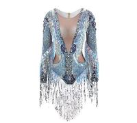 YUANTONG Silver Glitter Rhinestone Drag Queen Bodysuit For Women Sexy Sequin Costumes Fringe Outfit, Silver, One Size