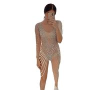 YUANTONG Sparkly Fringe Sheer One Shoulder Jumpsuits for Women Sexy Drag Queen Costumes Exoctic Dancer Outfits Clubwear Rhinestone See Through Bodysuit, Nude, One Size